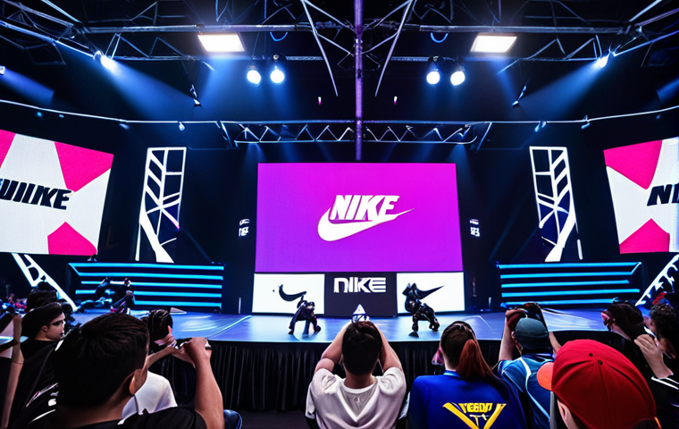 **
"Victory Goddess Nike" global e-sports tournament scene. Focus on competitive gaming atmosphere, with players intensely focused on screens, vibrant lighting, and audience excitement. Include the "Nike" logo subtly in the background.
**