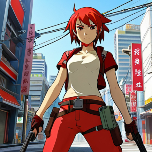 Home 23 **Prompt:** A powerful and captivating character named "Red Ash" with strong abilities, set in a vibrant Asian cityscape. Focus on dynamic action and her striking design. Style: Anime-inspired, high detail.