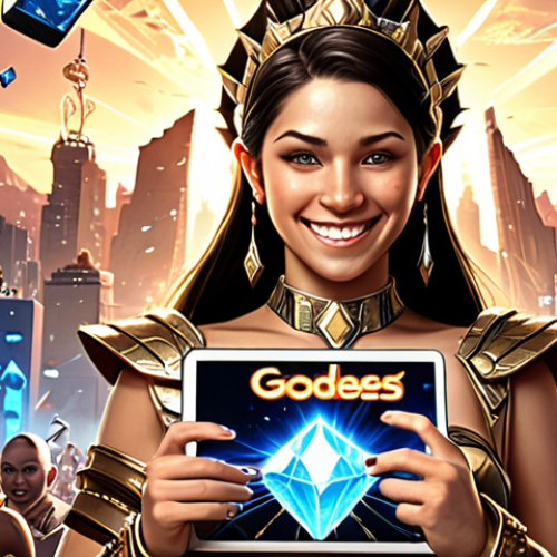 Home 22 **Image Prompt:** A triumphant gamer surrounded by a cascade of diamonds and NIKKE characters. The gamer is smiling, holding a phone or tablet displaying the "Goddess of Victory: NIKKE" game. The background features elements from the game, like futuristic cityscapes and battle scenes.
