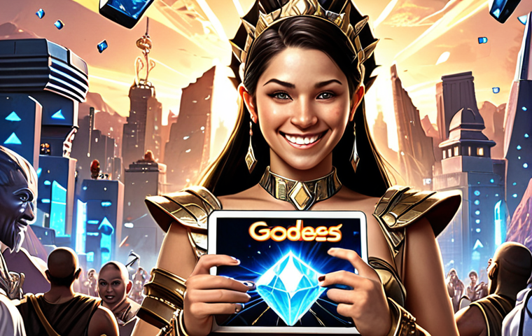 **Image Prompt:** A triumphant gamer surrounded by a cascade of diamonds and NIKKE characters. The gamer is smiling, holding a phone or tablet displaying the "Goddess of Victory: NIKKE" game. The background features elements from the game, like futuristic cityscapes and battle scenes.
