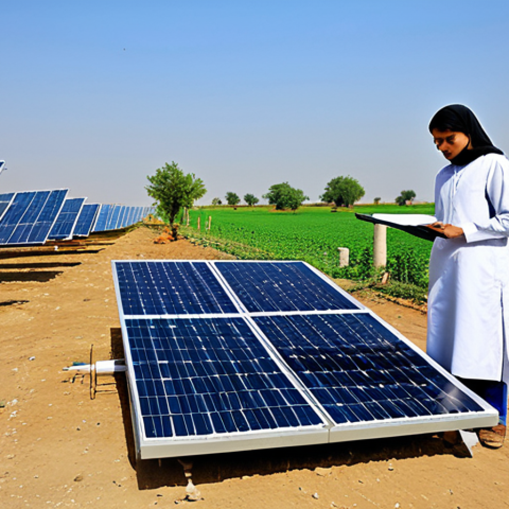 **

"A professional female engineer in Pakistan, wearing a modest shalwar kameez and lab coat, working on a solar panel array in a rural village. The scene is bright and sunny, showcasing sustainable technology. Safe for work, appropriate content, fully clothed, professional, perfect anatomy, natural proportions, high-resolution photograph."

**