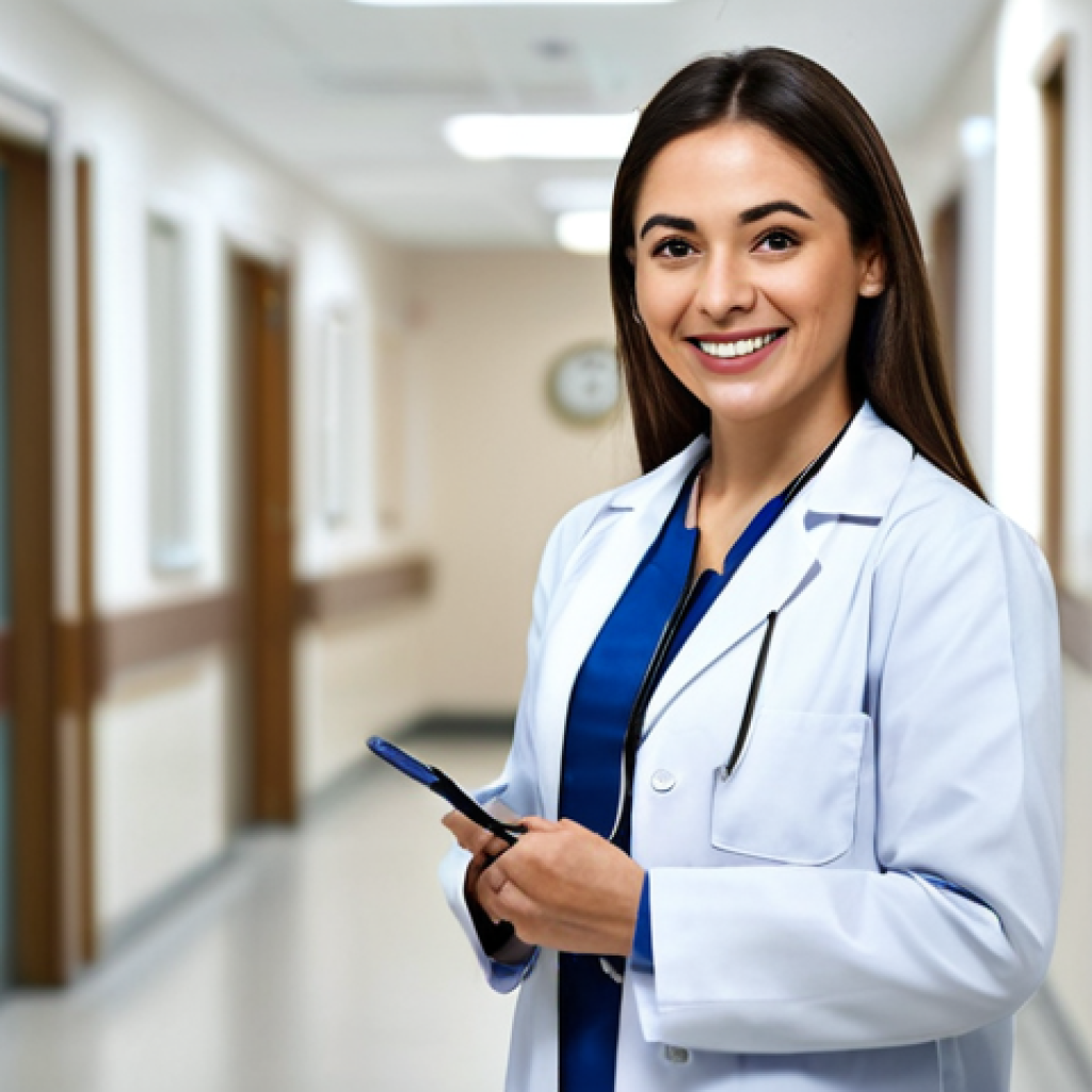 **

"A professional female doctor in a modest, clean white coat, standing in a modern hospital setting. She is smiling gently, holding a stethoscope. The background is a blurred hospital hallway with soft lighting. Safe for work, appropriate content, fully clothed, professional, family-friendly, perfect anatomy, natural proportions, well-formed hands."

**