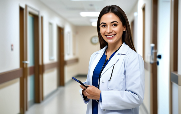 **

"A professional female doctor in a modest, clean white coat, standing in a modern hospital setting. She is smiling gently, holding a stethoscope. The background is a blurred hospital hallway with soft lighting. Safe for work, appropriate content, fully clothed, professional, family-friendly, perfect anatomy, natural proportions, well-formed hands."

**