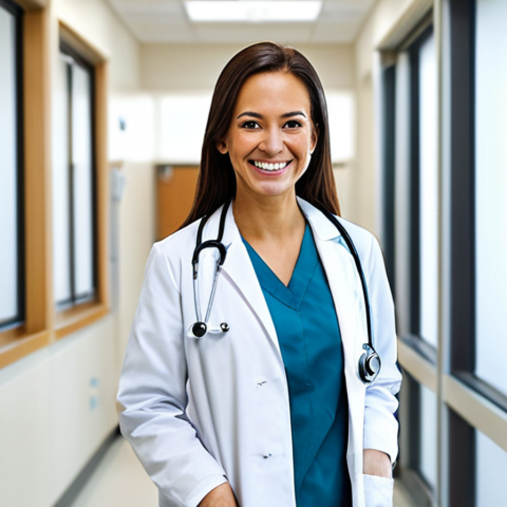 **

"A professional female doctor, fully clothed in a white lab coat and modest attire, smiling warmly in a bright and clean modern hospital setting, appropriate attire, safe for work, perfect anatomy, natural proportions, professional photography, high quality."

**