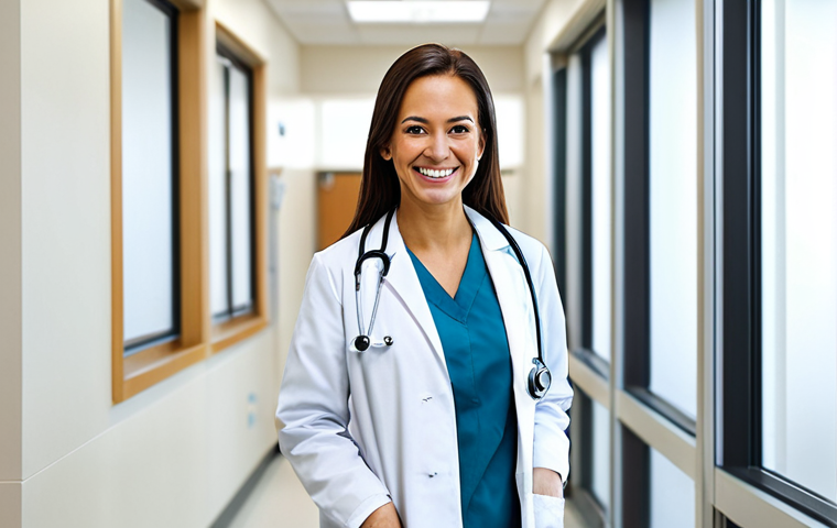 **

"A professional female doctor, fully clothed in a white lab coat and modest attire, smiling warmly in a bright and clean modern hospital setting, appropriate attire, safe for work, perfect anatomy, natural proportions, professional photography, high quality."

**