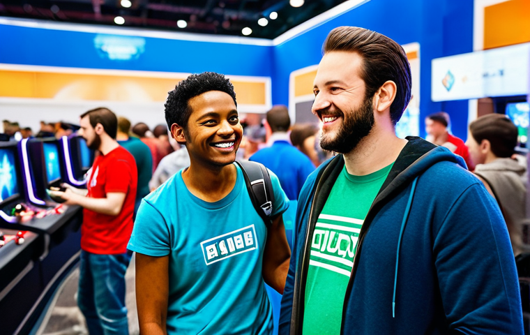 Community Focus**

"A diverse group of gamers, fully clothed in casual and modest attire, smiling and interacting in a brightly lit gaming convention hall. Background features gaming booths and screens. Safe for work, appropriate content, family-friendly, professional photography, perfect anatomy, natural proportions, well-formed hands."

**