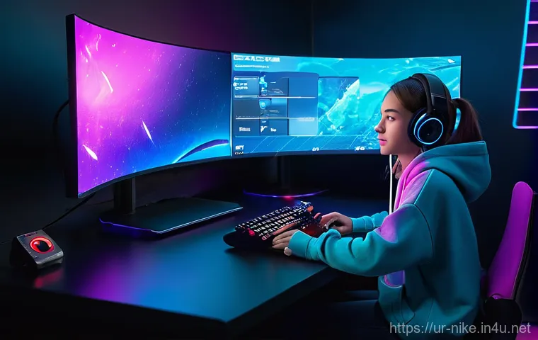 승리의여신 니케 UI 모드 변경 - **Prompt:** A young, enthusiastic female gamer, appearing to be in her late teens, sits comfortably ...