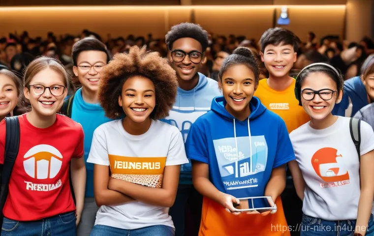 승리의여신 니케 글로벌 팬 커뮤니티 - **Prompt:** A vibrant, bustling global NIKKE fan convention scene. A diverse group of young adults a...