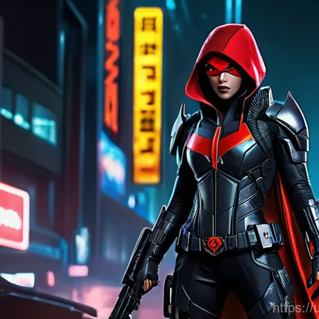 승리의여신 니케 캐릭터 의상 변경 - **Prompt 1: Red Hood in "Nonsense" Costume**
"A NIKKE character, Red Hood, standing in a dynamic...
