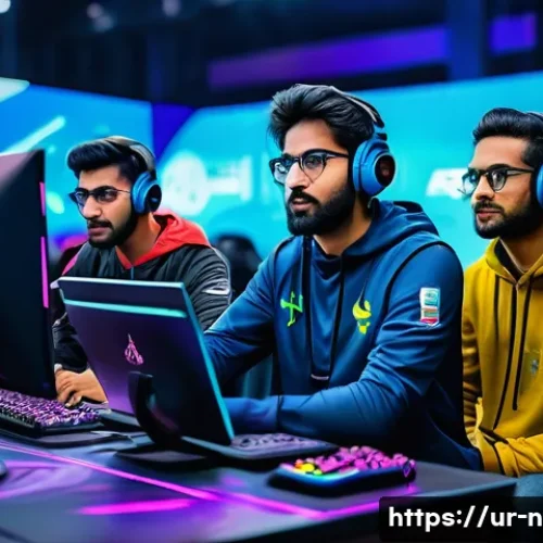 승리의여신 니케 시즌 랭킹 보상 - A dynamic esports tournament scene featuring a diverse team of young Pakistani players strategizing ...