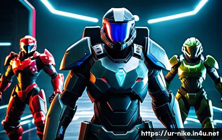 승리의여신 니케 새로운 플레이어 리서치 - A dynamic scene of a competitive video game team featuring three distinct player types: an agile att...