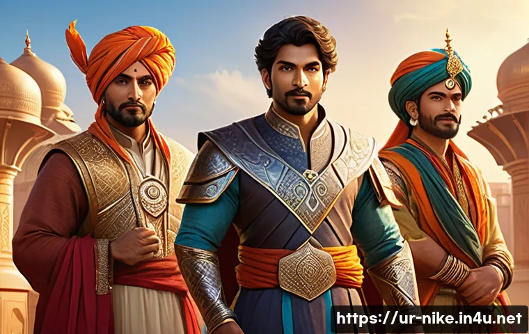 승리의여신 니케 초보자 실수 회피법 - A dynamic scene depicting a diverse team of heroes from a fantasy RPG game inspired by South Asian c...