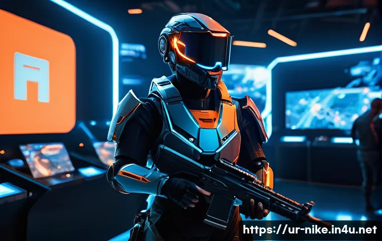 승리의여신 니케 AI 기술 활용 - A futuristic gaming arena scene showcasing AI-driven characters engaged in an intense multiplayer ba...