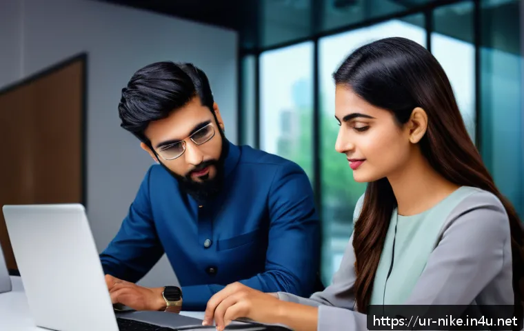 승리의여신 니케 특수 스킬 연계법 - A professional Pakistani man and woman collaborating in a modern office setting, blending technical ...