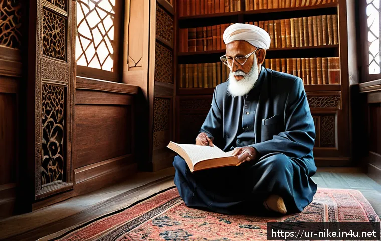 승리의여신 니케 다운로드 링크 검증 - A serene and scholarly setting featuring an elderly South Asian man dressed in traditional modest cl...
