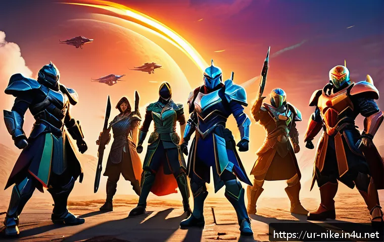승리의여신 니케 유료 아이템 가치 분석 - A dynamic digital artwork of a competitive gaming scene featuring a diverse team of powerful heroes ...