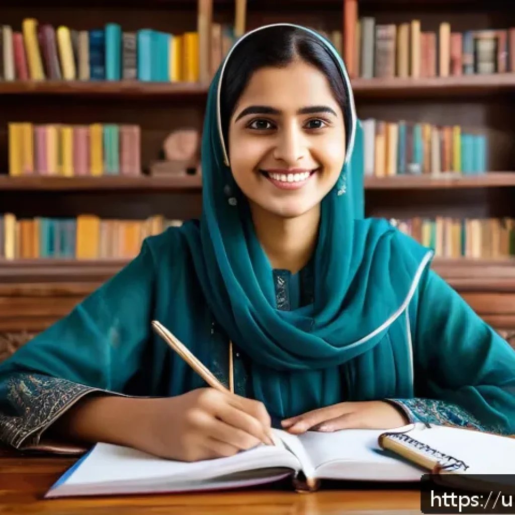 승리의여신 니케 캐릭터 코스프레 가이드 - A confident young Urdu woman in traditional shalwar kameez sitting at a wooden desk with a notebook ...