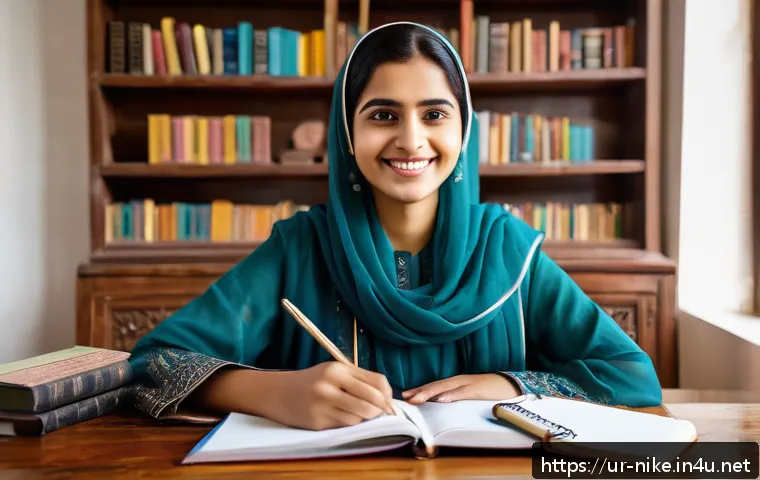 승리의여신 니케 캐릭터 코스프레 가이드 - A confident young Urdu woman in traditional shalwar kameez sitting at a wooden desk with a notebook ...