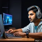 Home 20 승리의여신 니케 팬 플랫폼 활용법 - A detailed digital illustration of a young South Asian male gamer sitting at a modern gaming desk, w...