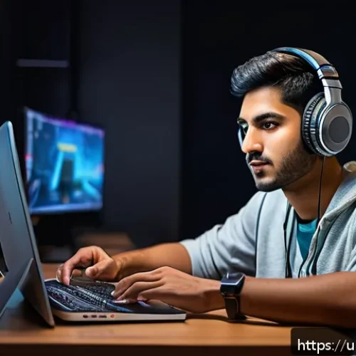 Home 32 승리의여신 니케 팬 플랫폼 활용법 - A detailed digital illustration of a young South Asian male gamer sitting at a modern gaming desk, w...