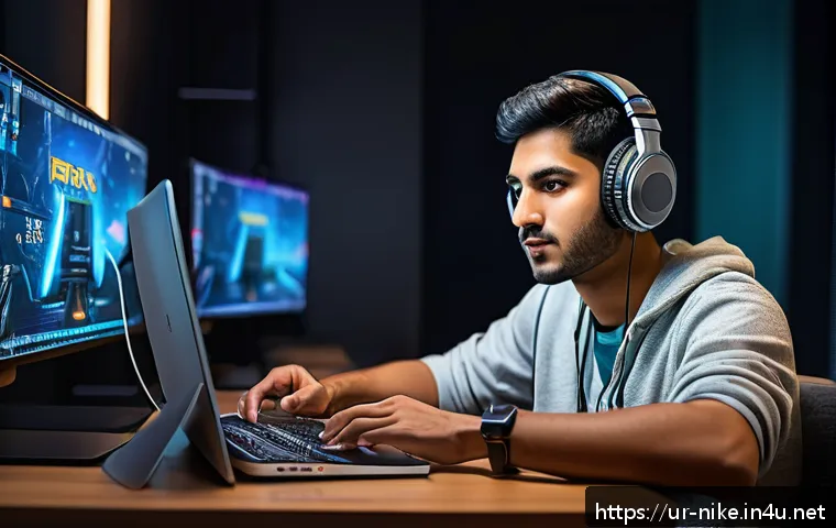 승리의여신 니케 팬 플랫폼 활용법 - A detailed digital illustration of a young South Asian male gamer sitting at a modern gaming desk, w...