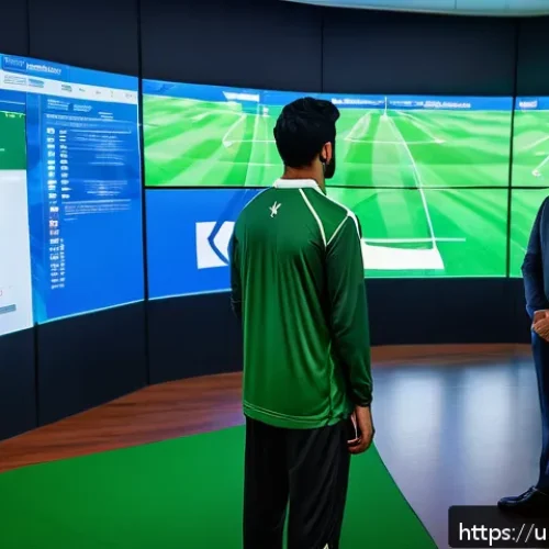 Home 31 승리의여신 니케 AI 적대자 분석 - A high-tech sports analytics room featuring a team of Pakistani coaches and players studying AI-gene...