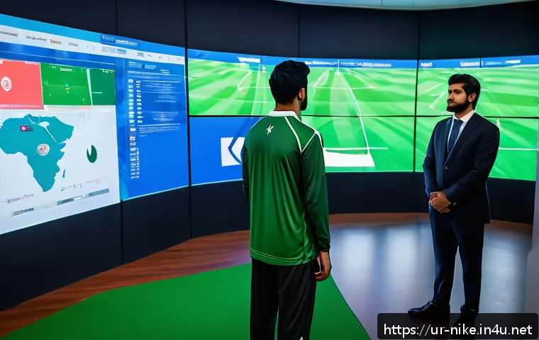 승리의여신 니케 AI 적대자 분석 - A high-tech sports analytics room featuring a team of Pakistani coaches and players studying AI-gene...