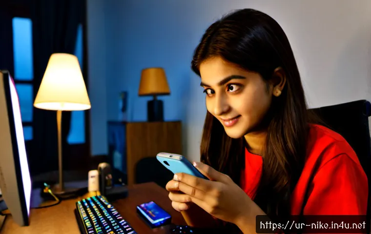 Home 30 승리의여신 니케 공식 스토어 링크 - Photorealistic young Pakistani woman gamer seated at a tidy desk in Lahore, holding a smartphone dis...